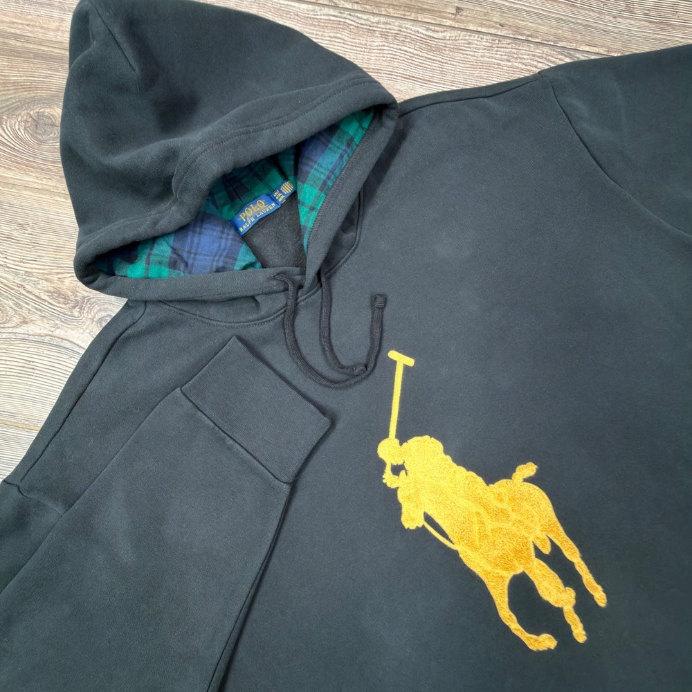 Polo Ralph Lauren Men Size 4XLT Hoodie Navy Gold Big Pony Plaid Hood Lining